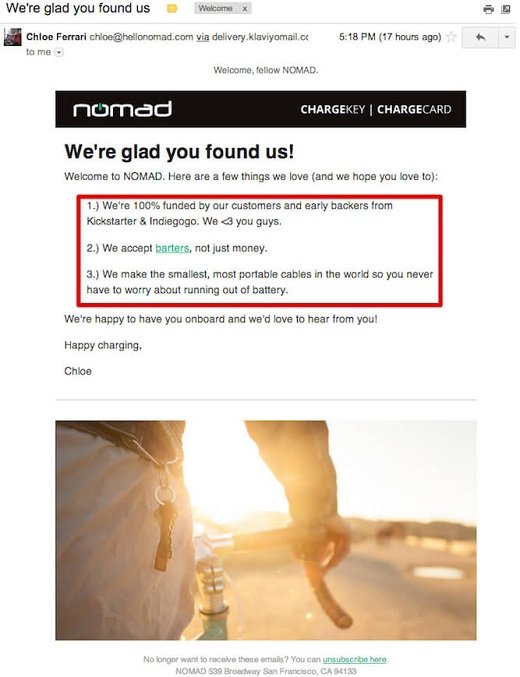 Veja esse email de boas-vindas da NOMAD. Em apenas algumas linhas eles mostraram os diferenciais da empresa. E isso sem querer empurrar/forçar uma venda já no primeiro contato.