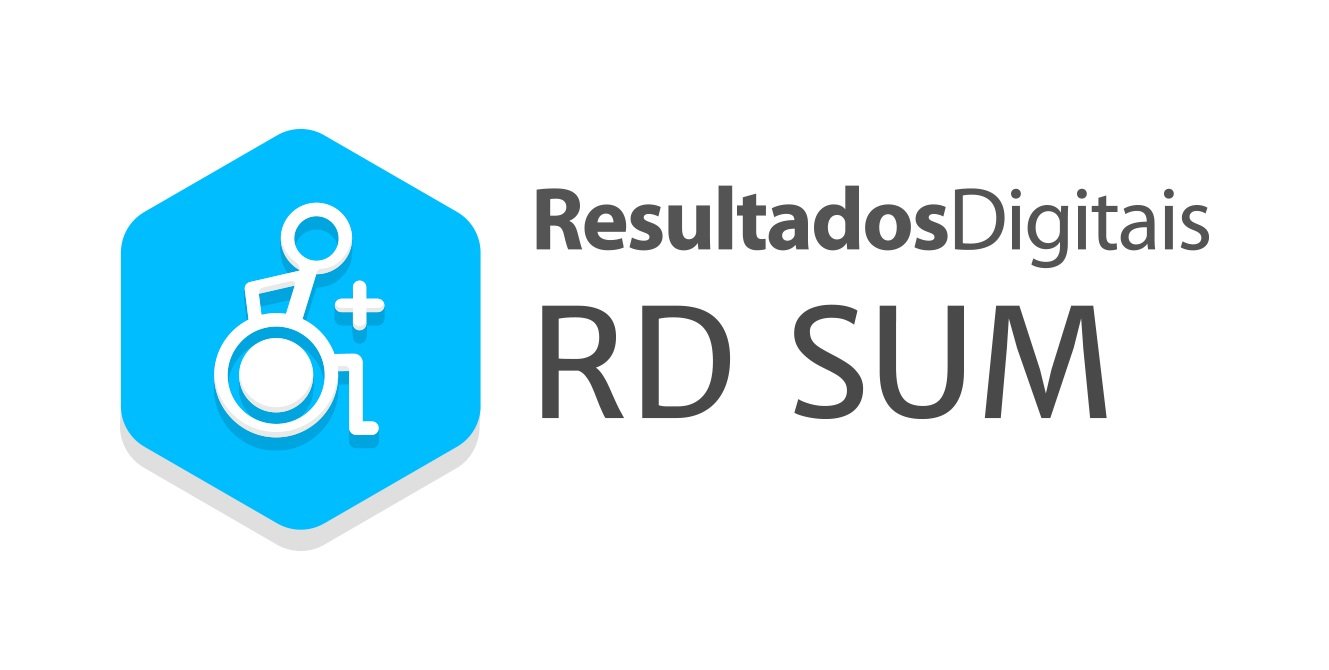 Logo clicável do RD Sum: ilustração azul com boneco em cadeira de rodas, mais as palavras Resultados Digitais e RD Sum