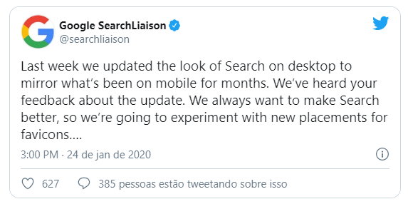 Atualização do Google sobre a mudança nos favicons.