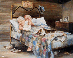 mulher e homem com cabelos brancos dormindo juntos com um cachorro no pé da cama.