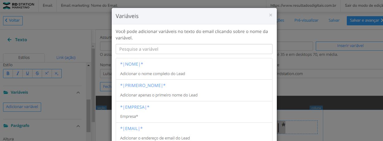 variáveis de email marketing
