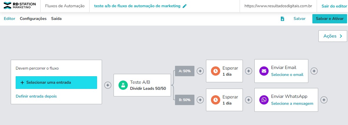 Exemplo de teste A/B de assunto de fluxo de automação no RD Station Marketing.