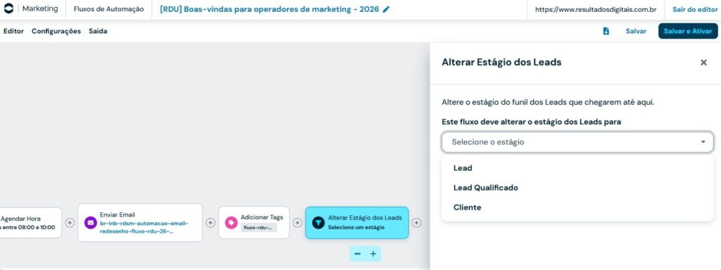 Alteração de estágio do lead em automação de marketing no rd station marketing
