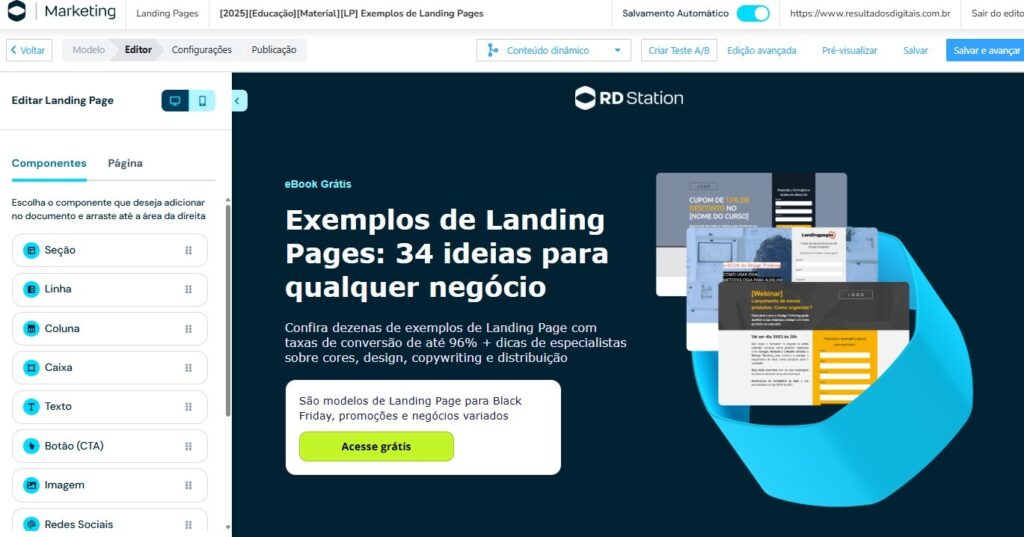 Exemplo do editor de landing pages do rd station marketing
